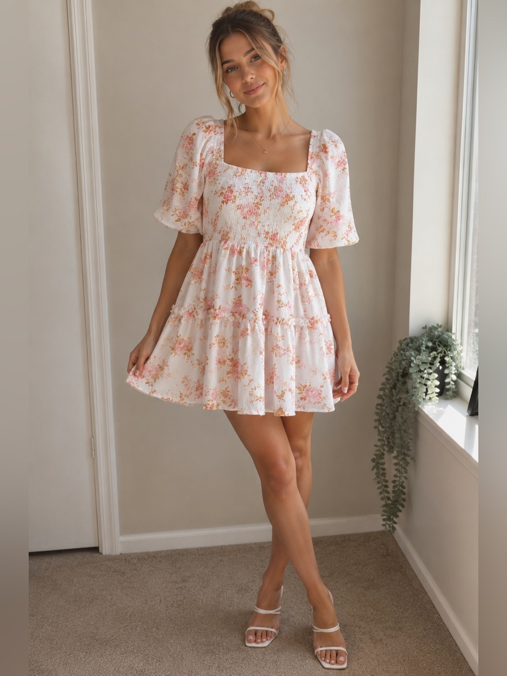 Justify babydoll dress- White with Pink and Orange Floral